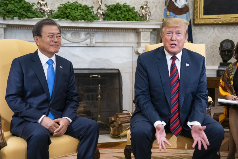 President Donald J. Trump (R) welcomes South Korean President Moon Jae-in (L) to the Oval Office of the White House in Washington on April 11, 2019. Photo by Jim Lo Scalzo/UPI