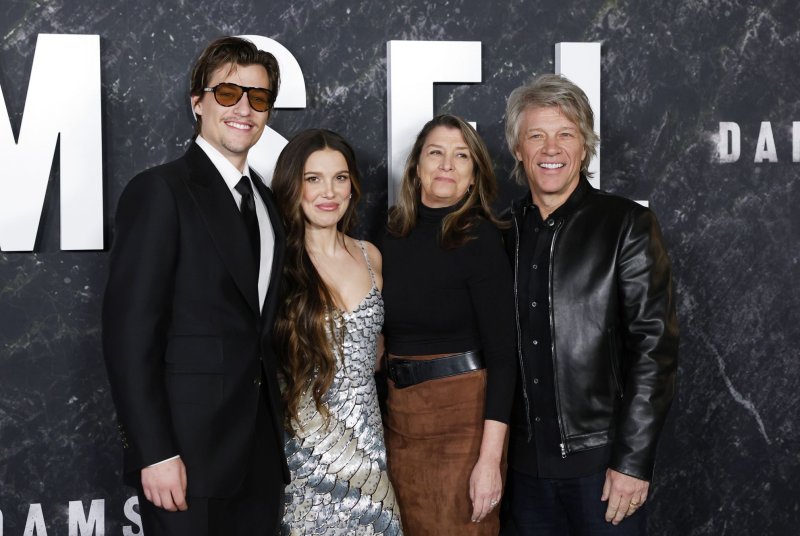 Jake Bongiovi, Millie Bobby Brown, Dorothea Hurley and Jon Bon Jovi, from left to right, attend the New York premiere of "Damsel" in 2024. Jon Bon Jovi and Dorothea married in 1989 and have four children together, including Jake. File Photo by John Angelillo/UPI