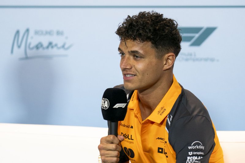 British Formula 1 driver Lando Norris of the McLaren F1 team speaks at a news conference Thursday at the Miami International Autodrome in Miami Gardens, Fla. Photo by Greg Nash/UPI