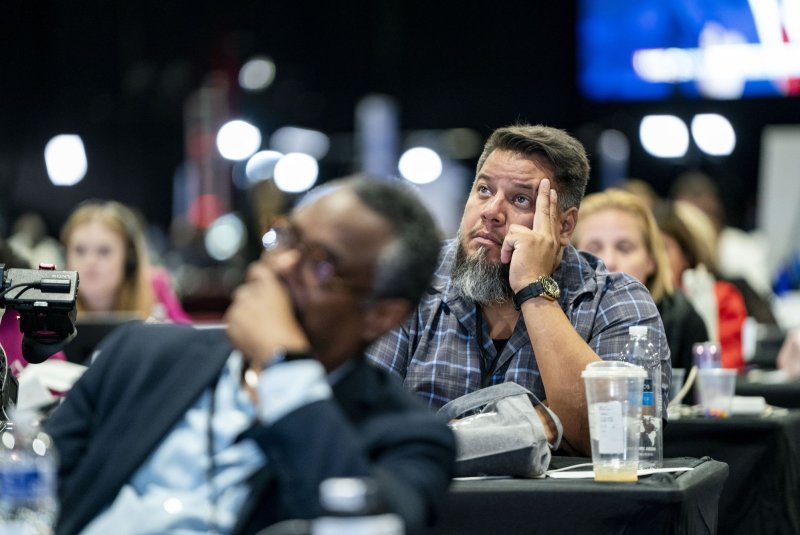 The United States fell to a historic low in its rankings on the Reporters Without Borders World Press Freedom Index released Friday. Journalists are seen here in the spin room during the ABC presidential debate between Donald Trump and Kamala Harris on Tuesday, September 10, 2024. File Photo by Bonnie Cash/UPI